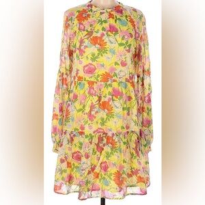 EUC Banjanan Size Medium Yellow Floral Tiered Dress Made in India
